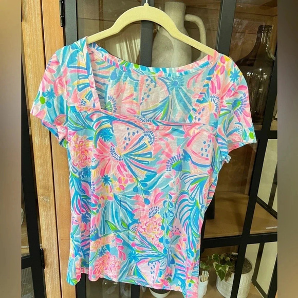 Lilly Pulitzer Rexa Tee Shirt Square neck Tropical Punch Pima short sleeve - Picture 7 of 7